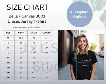 Bella Canvas 3001 Size Chart, 3001 Size Chart, Size Chart for Bella Canvas 3001, Bella Canvas T-Shirt Size Chart, Bella Canvas 3001 T-Shirt