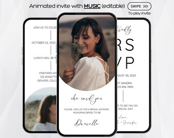May include: A mobile phone screen displaying a bridal shower invitation with a photo of a woman in a white dress. The invitation includes the text "Kindly RSVP" and "August 30, 2023".