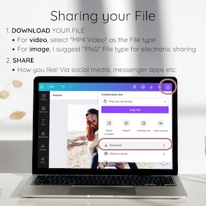 Puede incluir: Una pantalla de computadora port&aacute;til que muestra un sitio web morado y blanco con el texto "Compartir tu archivo" e instrucciones sobre c&oacute;mo descargar y compartir archivos. El sitio web tiene un bot&oacute;n que dice "Descargar" y otro bot&oacute;n que dice "Compartir en redes sociales".