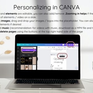 May include: A laptop computer screen displaying a Canva design template for a wedding ceremony. The template features a black background with white text that reads "Wedding ceremony" and the date "October 21, 2004". The screen also shows a variety of design elements, including a play button, a zoom button, and a button to add pages.
