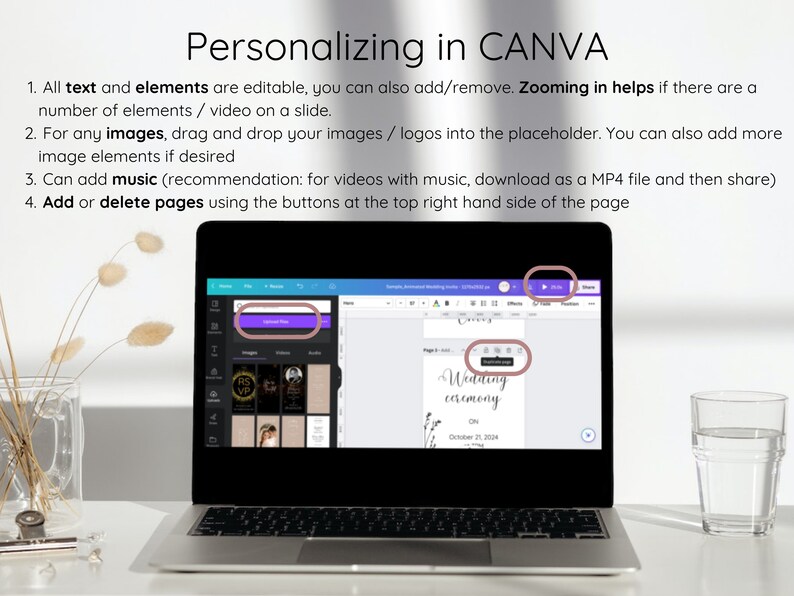 May include: A laptop computer screen displaying a Canva design template for a wedding ceremony. The template features a black background with white text that reads "Wedding ceremony" and the date "October 21, 2004". The screen also shows a variety of design elements, including a play button, a zoom button, and a button to add pages.