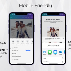 May include: A mobile phone screen showing a design app with a couple in a photo. The app allows users to personalize, download, and share their designs. The text on the screen says "Preparing your design... To ensure your design downloads, please don't close the app."