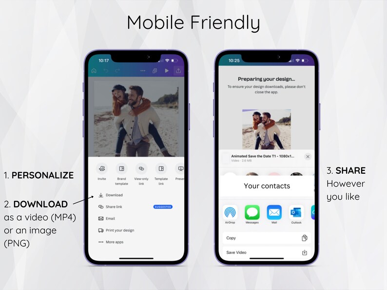 May include: A mobile phone screen showing a design app with a couple in a photo. The app allows users to personalize, download, and share their designs. The text on the screen says "Preparing your design... To ensure your design downloads, please don't close the app."