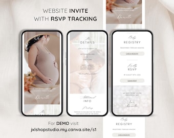 May include: Three phone screen mockups showing a baby shower invitation with a photo of a pregnant woman, details of the event, and a baby registry link. The text on the invitation reads "Join us to celebrate on September 24, 2024, 1:00 PM to 5:00 PM, Liberty Gardens, 123 Kanette Street, Denver, Colorado,  RSVP by August 20th, 2024".