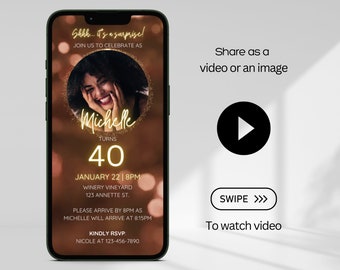 May include: A mobile phone screen displaying a birthday party invitation for Michelle's 40th birthday. The invitation features a photo of Michelle in a circle with a gold glitter effect. The text on the invitation reads "Shhh... It's a surprise! Join us to celebrate as Michelle turns 40. January 22 | 8PM. Winery Vineyard, 123 Annette St. Please arrive by 8PM as Michelle will arrive at 8:15PM. Kindly RSVP: Nicole at 123-456-7890."