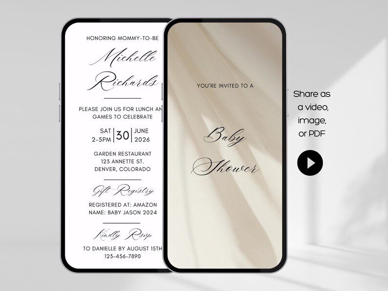 May include: A digital invitation for a baby shower for Michelle Richards. The invitation is on a white background with a black border and includes the date, time, and location of the event. The invitation also includes a gift registry link and a request to RSVP by August 15th.
