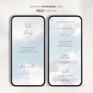 May include: Two smartphones showing a baby shower invitation. The left screen says "Oh Baby" and "Danielle". The right screen displays event details: date, time, location, and RSVP information. The background is a soft blue sky.