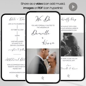 May include: A wedding invitation announcement with a black and white photo of a couple. The text reads "Date & Time", "Join us to celebrate our wedding", "October 22, 2024", "5:00PM", "Vineyard Winery", "123 Annette St.", "Denver, Colorado", "Reception to follow", "Additional Details", "For accommodations, gifts, registry and other information, please visit: weddingwebsite.com", "We Do", "You are cordially invited to the wedding of", "Danielle", "X", "Kevin", "Kindly RSVP", "By August 30th, 2024", "Our wedding website", "weddingwebsite.com", "We hope to see you on our special day!", "Love", "Danielle & Kevin".