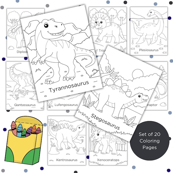 Dinosaur Coloring Pages, Set of 20, Creative Activity, Dinosaur Printable, Dinosaur Activity for Kids, Kids Coloring Pages, Tyrannosaurus