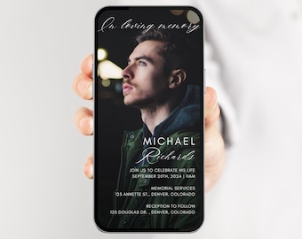May include: A black and white digital memorial invitation for Michael Richards. The invitation includes the date and time of the memorial service and reception, as well as the addresses for both events. The invitation also features a photo of Michael.