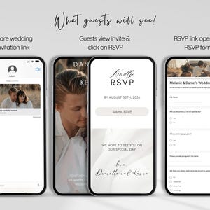 May include: A digital wedding invitation and RSVP process displayed on smartphones. The screens show an invitation link, RSVP details, and an RSVP form. Text includes "What guests will see!" and "Kindly RSVP".