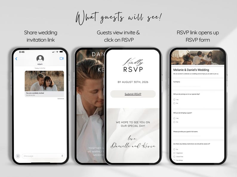 May include: A digital wedding invitation and RSVP process displayed on smartphones. The screens show an invitation link, RSVP details, and an RSVP form. Text includes "What guests will see!" and "Kindly RSVP".