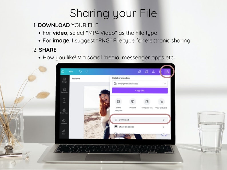 May include: A laptop computer screen showing a purple and white website with the text "Sharing your File" and instructions on how to download and share files. The website has a button that says "Download" and another button that says "Share on social".