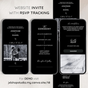 Zaproszenie na ślub w stylu Black Tie z RSVP, Zaproszenie w stylu Black Tie, Cyfrowe zaproszenie na ślub z RSVP, Zaproszenie na ślub z RSVP, Śledzenie RSVP, Formalne