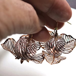 handblown round hollow glass bubble, great gift idea, Floral bronze delicate filigree earring, FREE 1st class shipping, French wire hook,