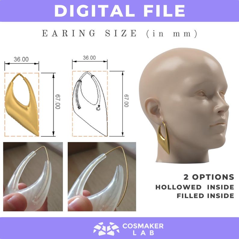 Puede incluir: Un archivo digital para la impresi&oacute;n 3D de un par de pendientes de color dorado. Los pendientes tienen 36 mm de ancho y 67 mm de largo. La imagen muestra dos opciones: huecos por dentro y rellenos por dentro.
