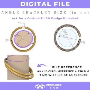 Puede incluir: Diagrama que muestra el tama&ntilde;o de un brazalete de tobillo con una circunferencia de 230 mm. El brazalete est&aacute; hecho de dos bandas doradas con un cierre de alambre de 3 mm. El diagrama incluye medidas en mil&iacute;metros.