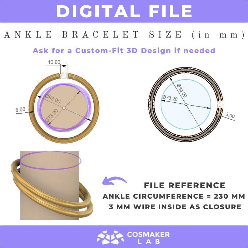 Puede incluir: Diagrama que muestra el tama&ntilde;o de un brazalete de tobillo con una circunferencia de 230 mm. El brazalete est&aacute; hecho de dos bandas doradas con un cierre de alambre de 3 mm. El diagrama incluye medidas en mil&iacute;metros.