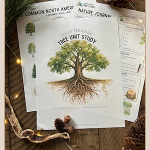 Könnte beinhalten: Ein Junior Naturalist Tree Unit Study Lernpaket mit einer Aquarellillustration eines Baumes mit sichtbaren Wurzeln. Die Seiten enthalten Texte wie Common North American Trees, Nature Journal und Look Closer, Notice More, Become a Tree Explorer.