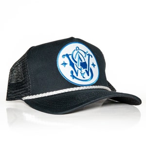May include: Black trucker hat with a white rope trim and a blue and white embroidered logo of a stylized "W" inside a circle.