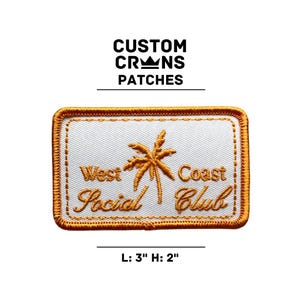 May include: Orange embroidered patch with a palm tree and the text "West Coast Social Club". The patch is 3 inches wide and 2 inches tall.
