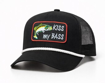 Kiss My Bass Fishing Patch on Snapback Trucker Hat, Black/White Rope