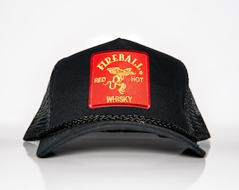 Fireball Whisky Patch on Fitted Structure Trucker Vintage Rope Snapback, Black/Black Rope