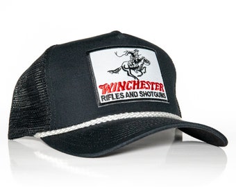 Winchester Rodeo Hat Vintage on Fitted Structure Trucker Snapback Hat,  Black/White Rope