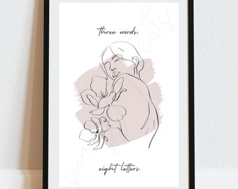 May include: A line drawing of a person with a flower behind them. The drawing is in black and white and is on a white background. The text "three words. eight letters." is below the drawing.