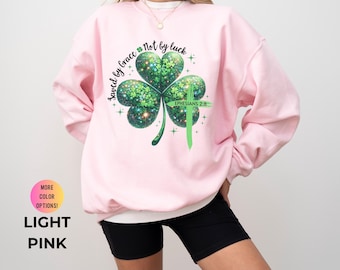 St Patricks Day Christian Sweatshirt: Shamrock Cross Bible Verse