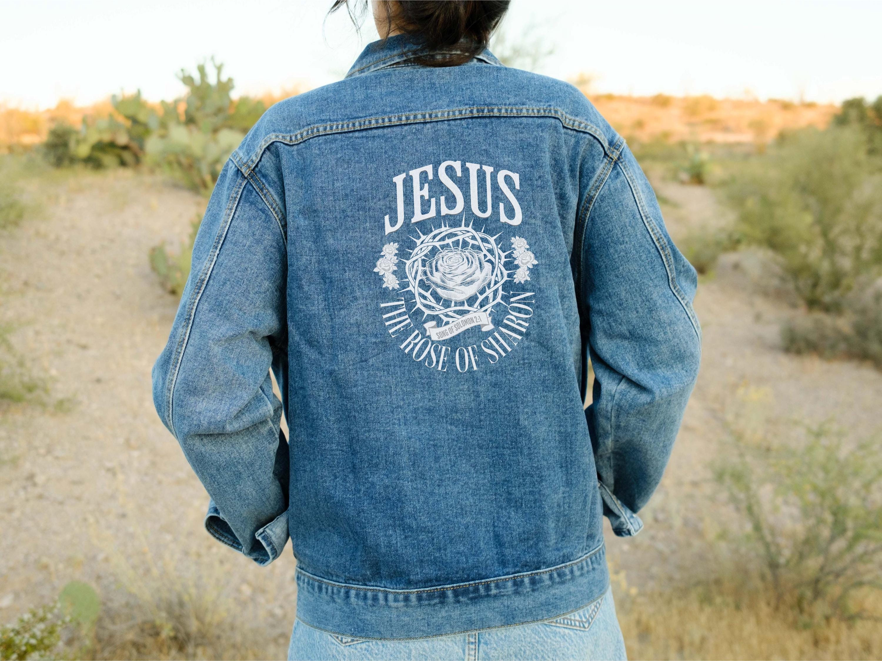 Christian Denim Jacket: Jesus Rose Bible Verse, Oversized Fit - Etsy