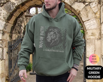 Man of Faith Hoodie: Christian Lion Graphic Bible Verse Sweatshirt