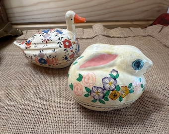Vintage Paper Mache Trinket boxes Rabbit Duck Made in India Hand painted