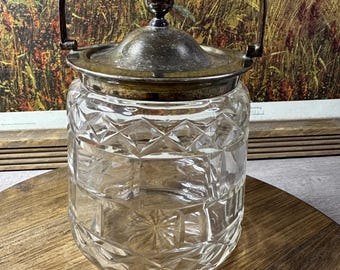 Vintage Cut Glass Biscuit Jar with Silver Lid & Handle