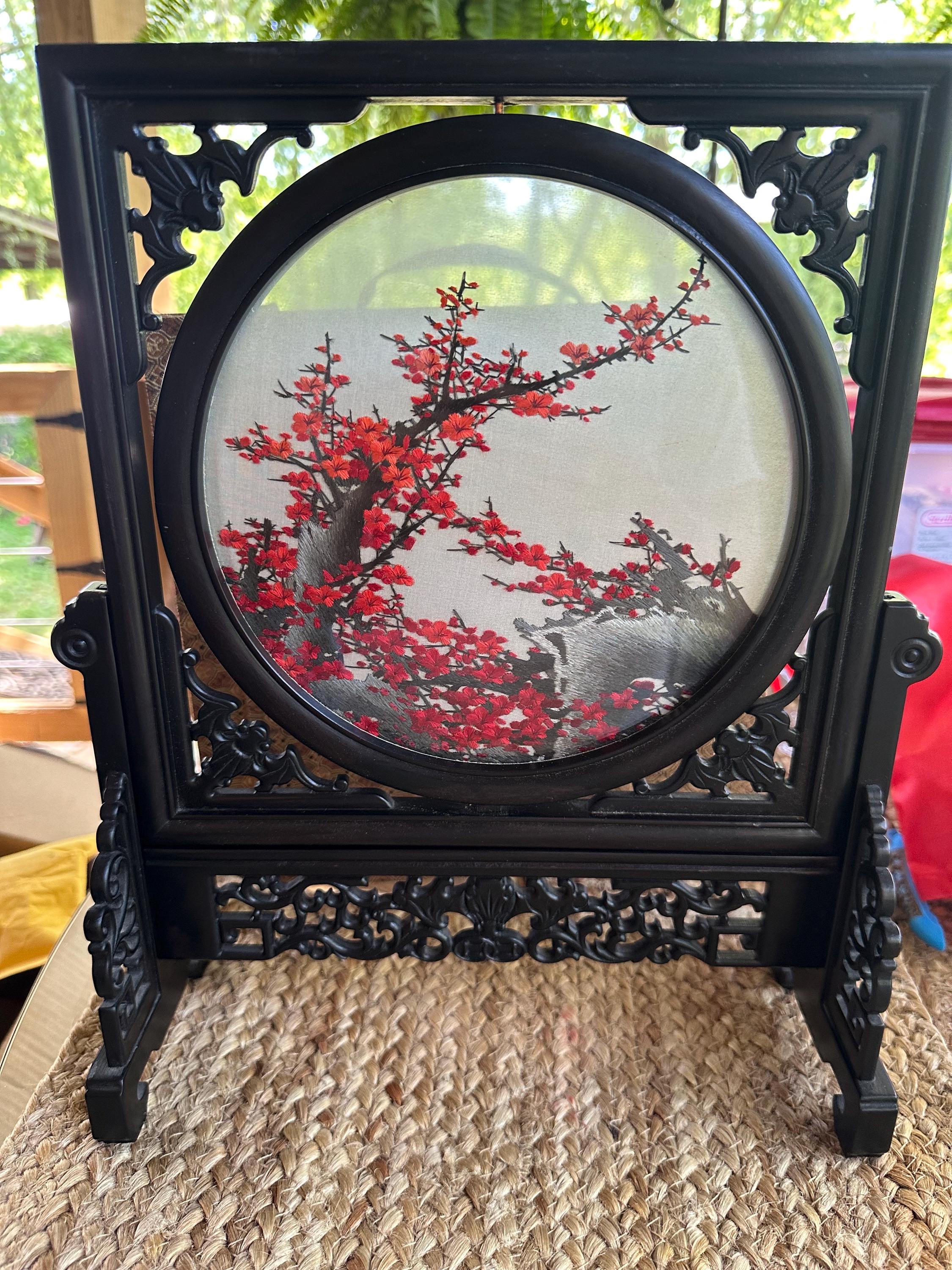 Chinese Double sided Silk Embroidery Artwork Rosewood Mandarin brocade decorative box