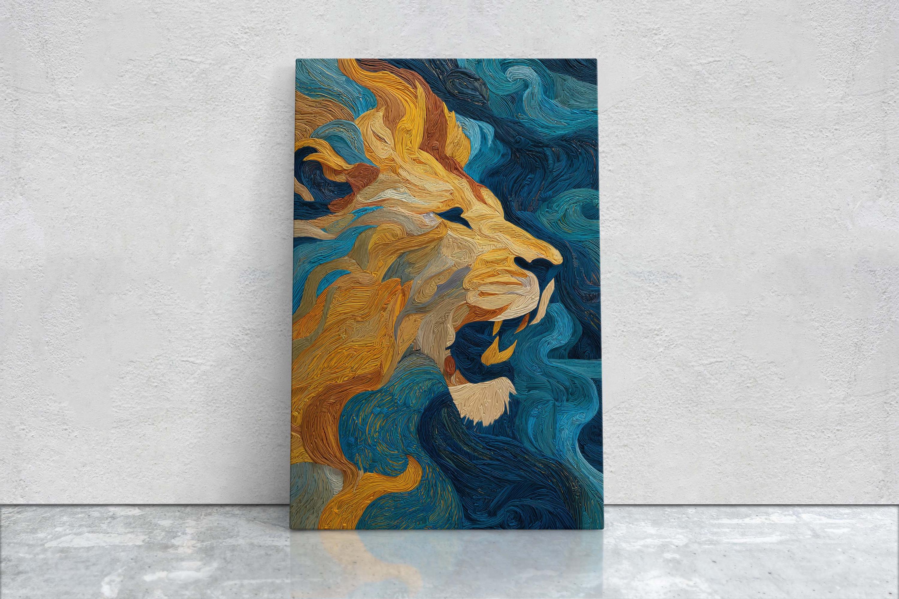 Majestic Roaring Lion Canvas Print Van Gogh Style Blue and Gold ...