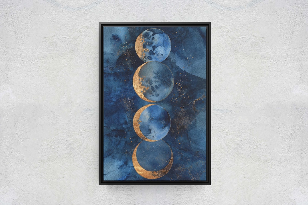 Navy Blue Moon Phases Canvas Print, Celestial Wall Art, Gold and Indigo ...