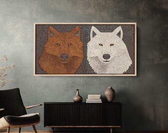 Two Wolves Portrait Canvas Print, Linocut Woodblock Style, Brown and White Animal Wall Decor, Rustic Cabin Art