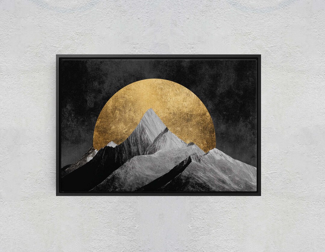 Minimalist Mountain Peak Art, Gold Sun Geometric Canvas Print, Modern ...