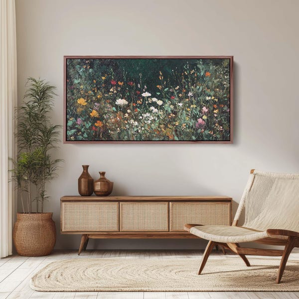 Vibrant Wildflower Meadow on Dark Green Canvas Print, Textured Floral Art