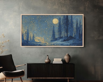 May include: A framed landscape painting depicts a moonlit forest scene. The artwork features tall, dark blue trees, a golden moon, and a starry night sky. The painting is in a light-colored wooden frame, adding a touch of warmth to the cool color palette.
