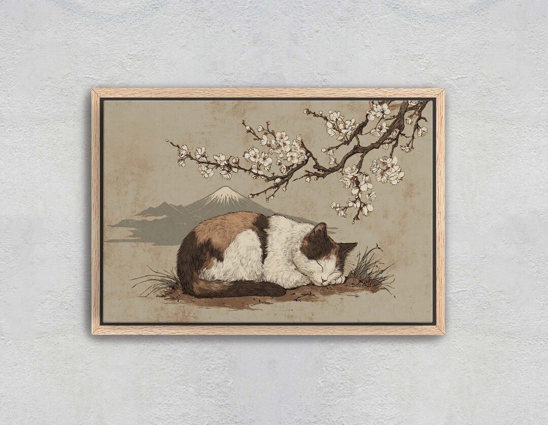 Traditional Japanese Cat Art Canvas Print Cherry Blossom Decor - Etsy