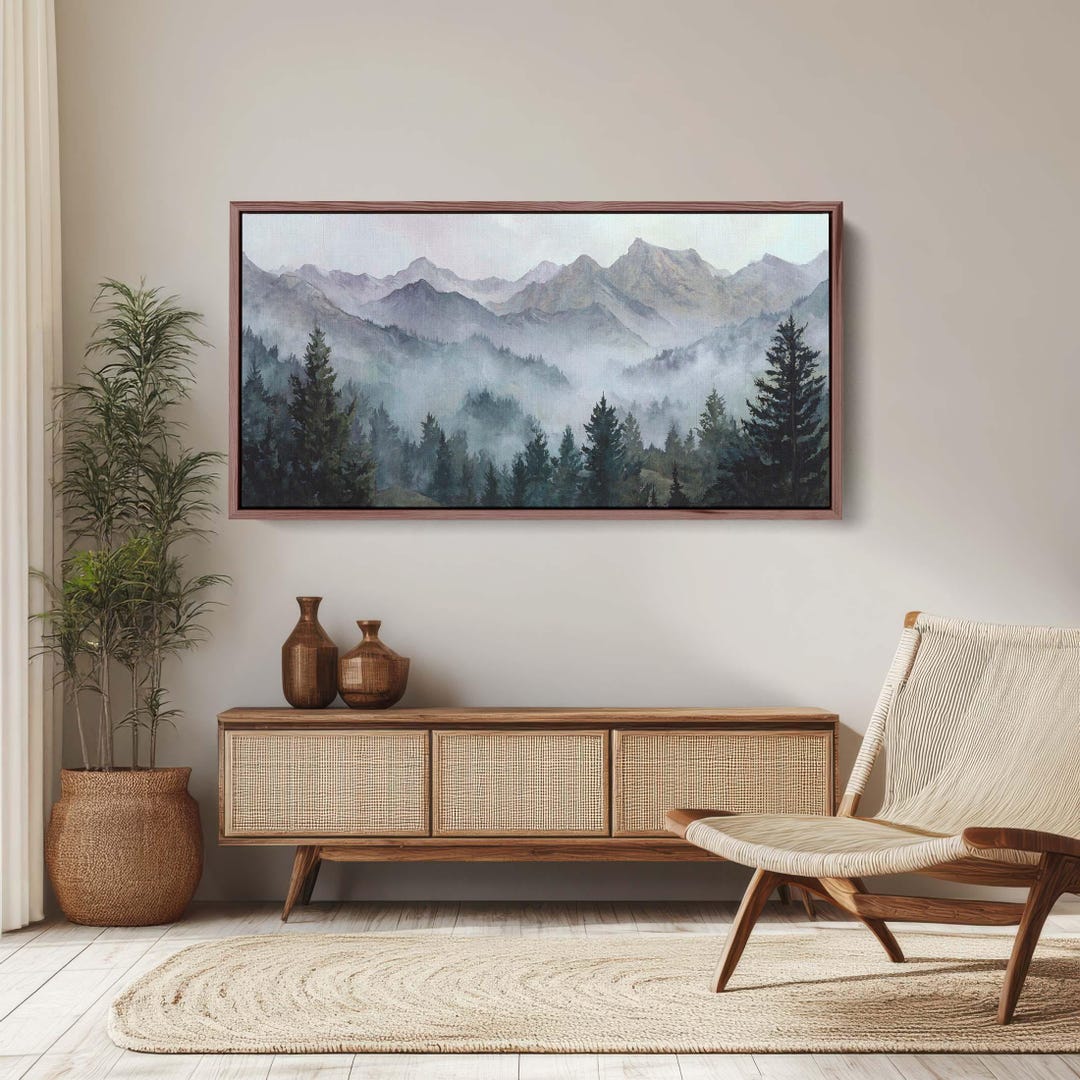 Foggy Mountain Pine Forest Canvas Print, Moody Landscape Art, Nature ...