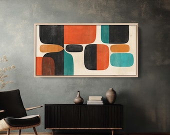 May include: Abstract art print featuring a mid-century modern design. The artwork showcases a series of colorful, rounded rectangular shapes in shades of black, orange, teal, and brown against a cream background, framed in natural wood.