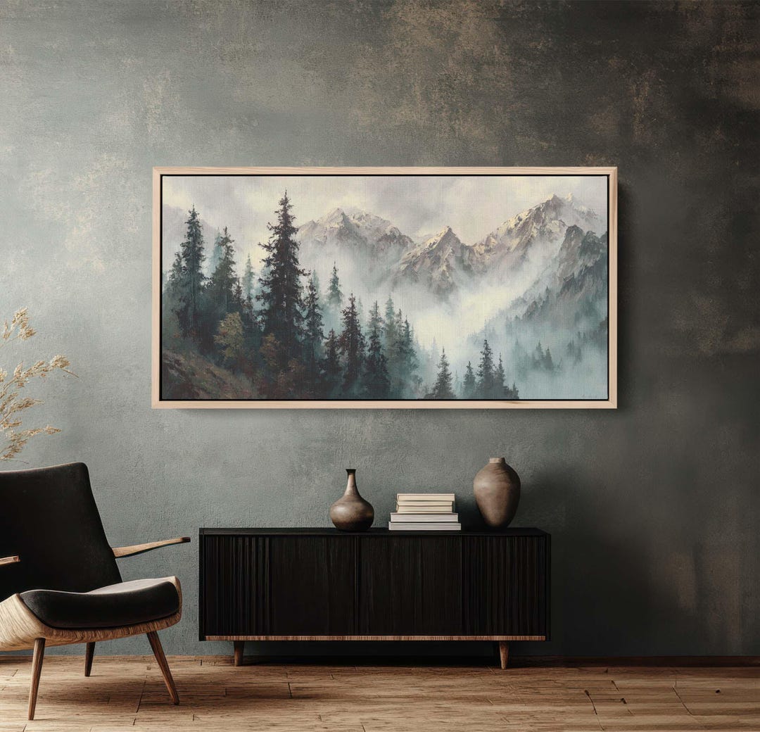 Snowy Mountain Peaks and Pine Forest Canvas Print, Misty Landscape Art ...