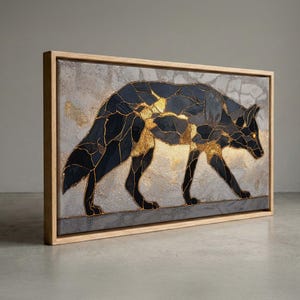Kintsugi Gold Wolf, Mosaic Wildlife Panorama, Luxury Office Art
