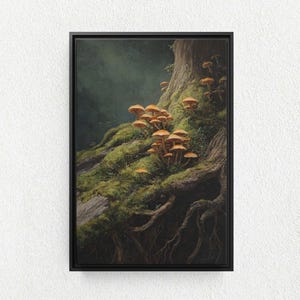 May include: A framed art print featuring a detailed illustration of a tree trunk covered in green moss and clusters of orange mushrooms. The artwork has a dark, moody aesthetic, with visible tree roots.