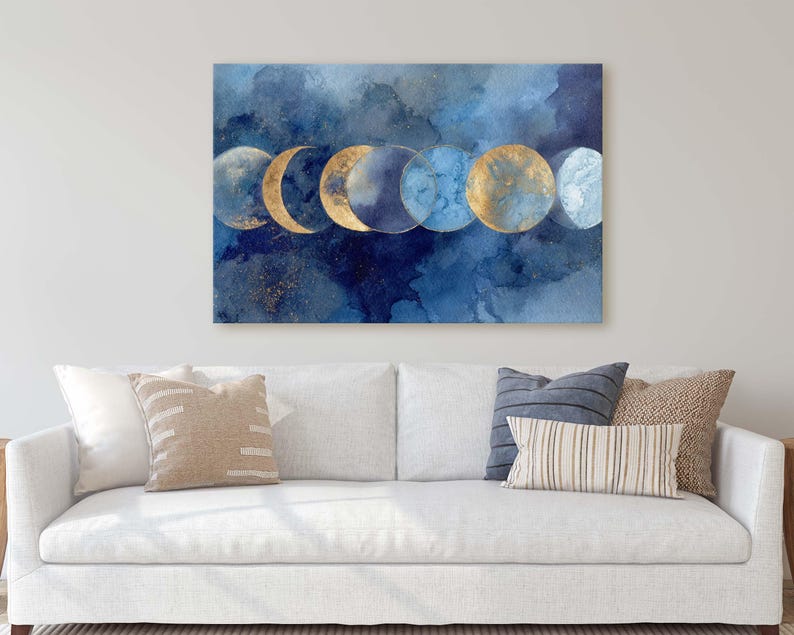 Blue and Gold Moon Phases Canvas Print, Abstract Celestial Art ...