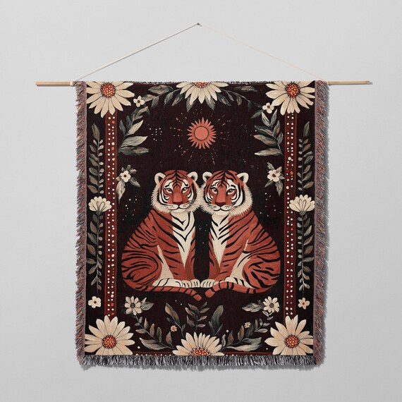 Tiger Blanket, Jacquard Woven, Folk Art,  Woven Blanket, Tapestry