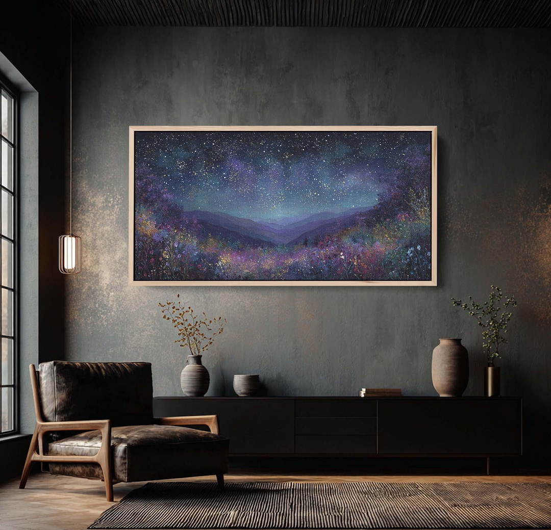 Magical Starry Night Sky Purple Mountain Floral Meadow Canvas Print - Etsy